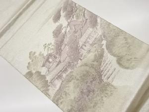 手描き民家に松・木々模様開き名古屋帯（額縁仕立て）